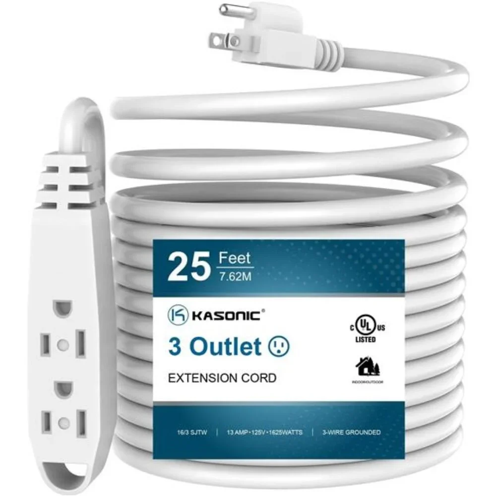 25-Feet 3 Outlet Extension Cord, Kasonic UL Listed, 16/3 SJTW 3-Wire Grounded
